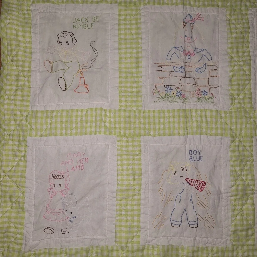 Vtg Quilt Baby Nursery Rhyme  Embroidered Block Gingham Green 4x3 Cottagecore